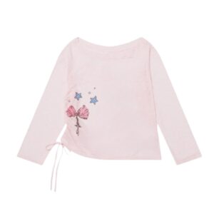 Playful Pink Bow Motif Drawstring LongSleeve