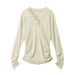 Apricot LongSleeve Top with V-Neck and Waist Accent